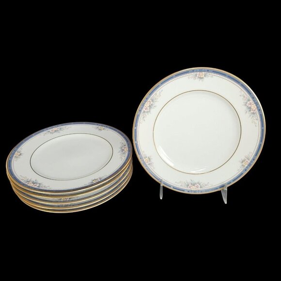 Noritake Ontario Bread and Butter Plates Set 6 Blue Band Pink Flowers 3763‎ READ - Picture 1 of 10